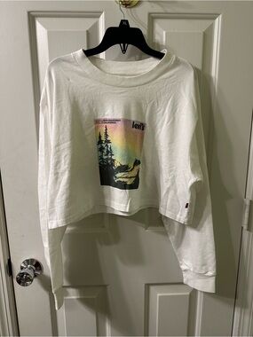 Levi's White Cropped Long Sleeve Tshirt with Printed Logo